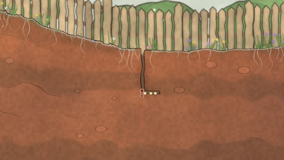 A cross-section of garden soil under a picket fence. A short shaft runs down from the surface to a side tunnel, where the queen stands beside three pale eggs.