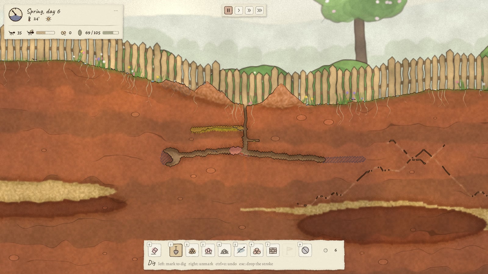 The game during play. A paper card in the top corner reads Spring, day 6 with counts for ants and seed, pause and speed tiles sit at the top, and a row of tool tiles runs along the bottom with the dig tool selected.