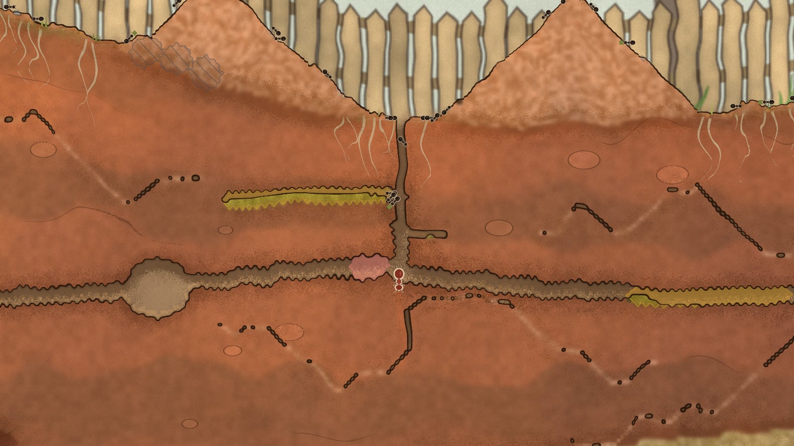 A grown nest in cross-section: a shaft between two rubble mounds, long galleries, yellow granary strips, a pink nursery and the red queen at the centre.