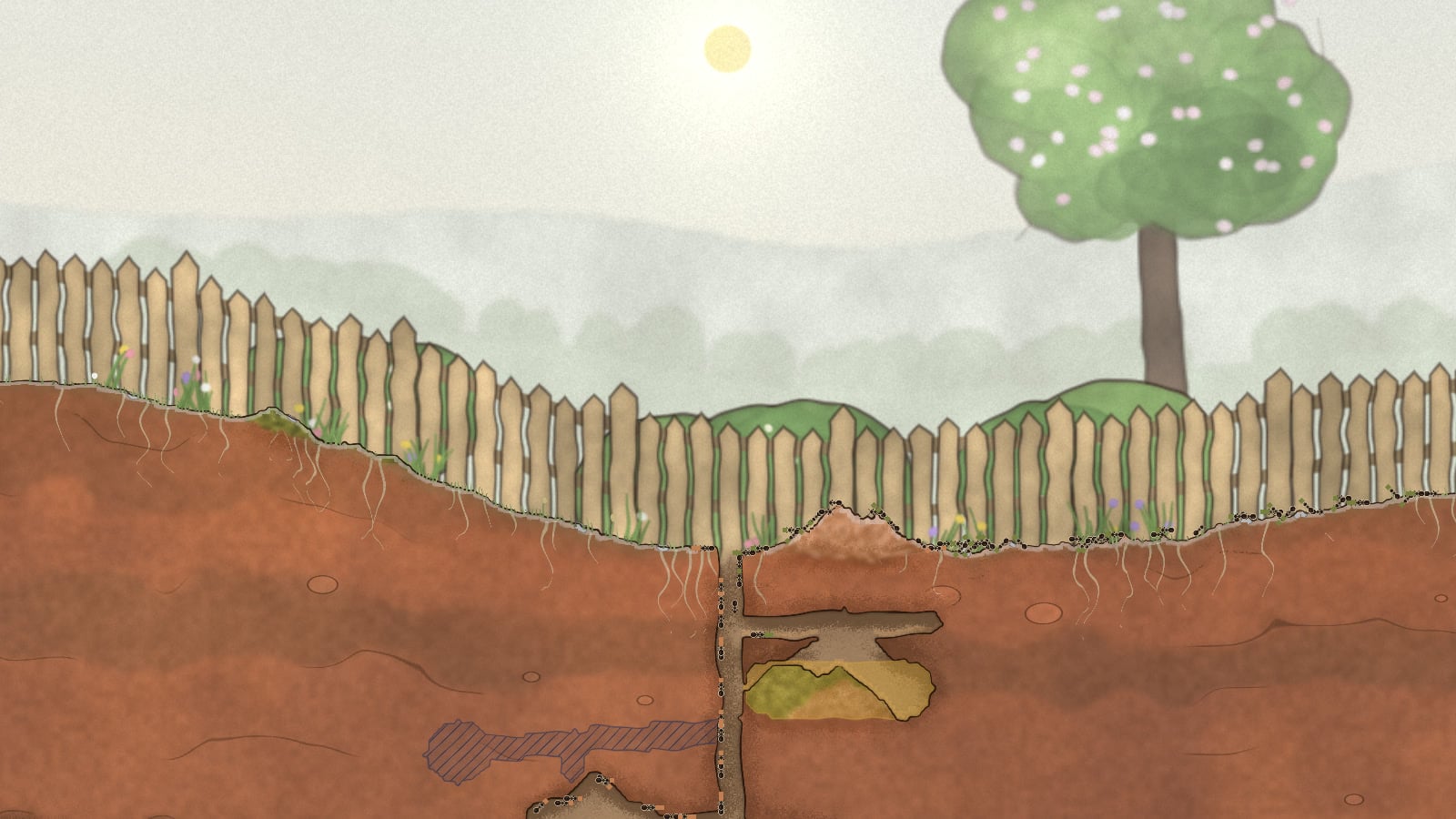 Spring. A sun in a pale sky, a tree in pink blossom behind a picket fence, and a small nest with one granary under the grass.
