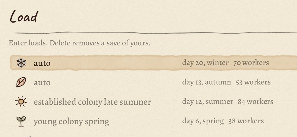 The load page listing saves with the day, season and worker count